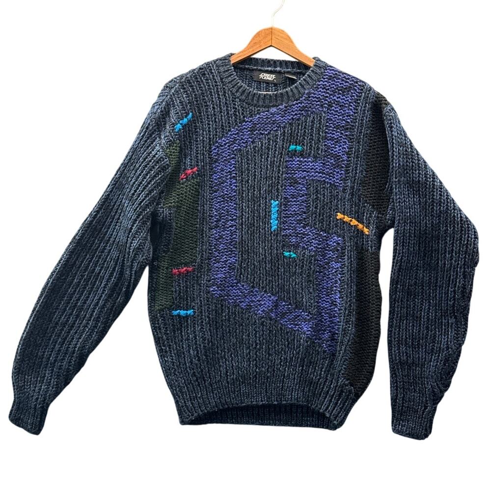 Street Scenes Vintage 80s Geometrics Blue Black Pullover Sweater Men Large